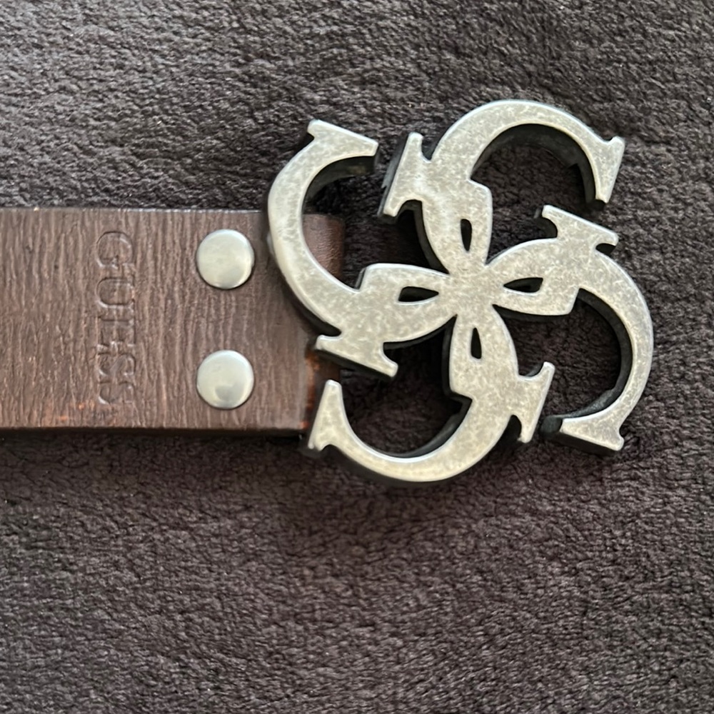 Guess Silver Buckle Brown Leather Belt